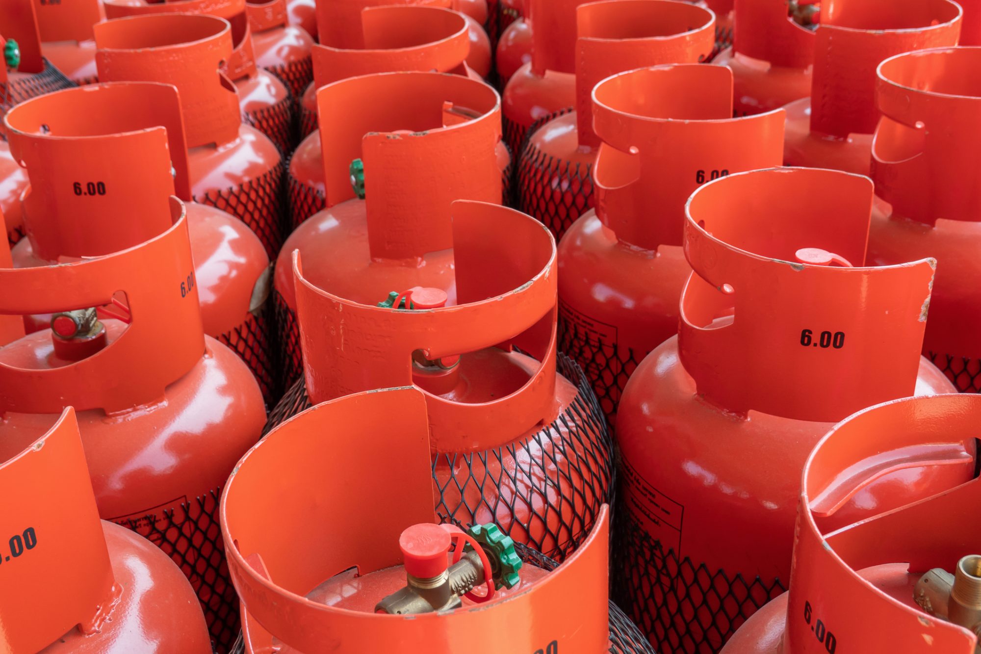 dreamstime_m_158765622 LPG gas bottle stack ready for sell, filling lpg gas bottle